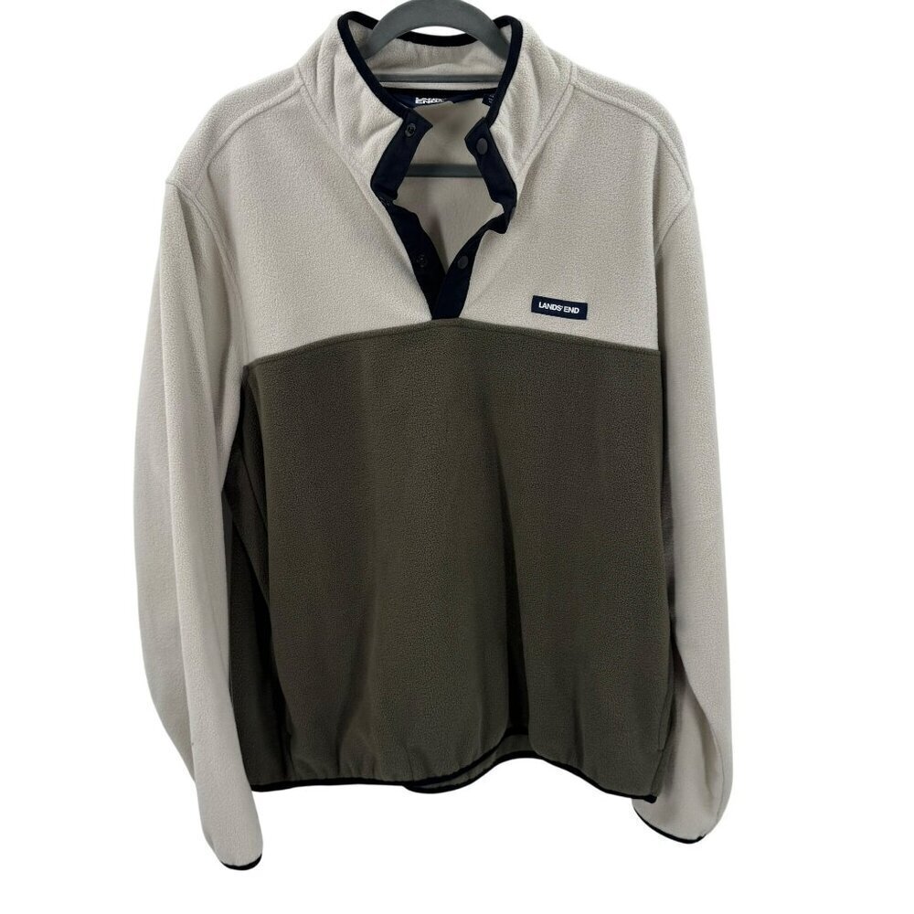 Lands End Mens Snap-T Pullover Cream/Olive Fleece XL